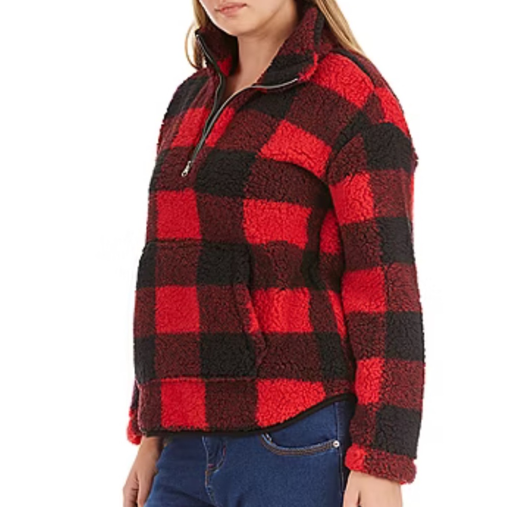 Old Navy‎ Sherpa 1/2 zip Pullover W/Kangaroo Pockets Red Black Block Large